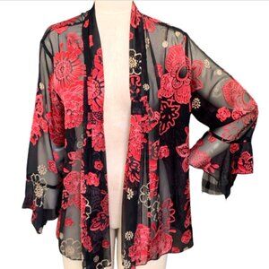 VTG Nicola Sheer Floral Kimono Overshirt Cover-up Sz XL Black Red #100C
